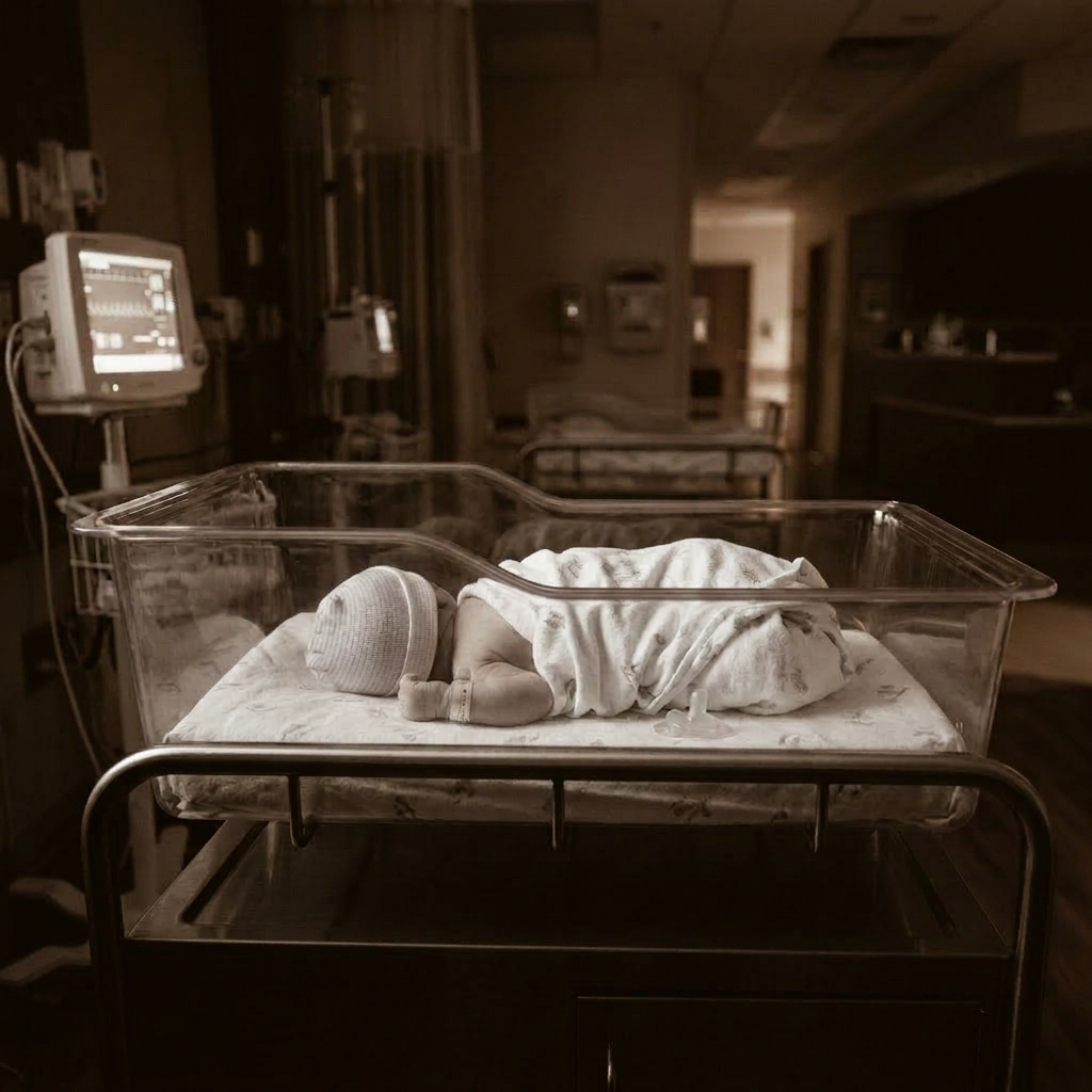 Newborn baby boy sleeping in a hospital bassinet wrapped in a white blanket with a hat